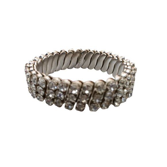 Vintage Expandable Bracelet, 3 Row Crystal Bling Stretch Bangle, Silver Tone - Picture 2 of 5